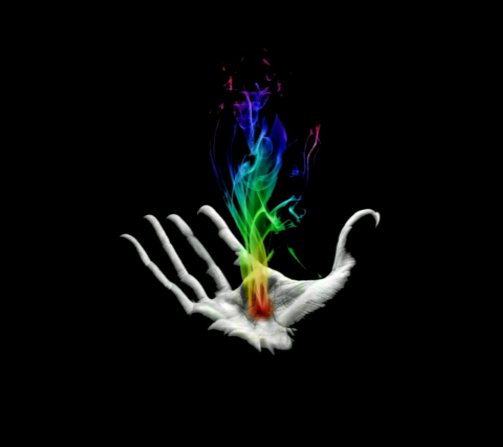 A close up of a person's hand with a rainbow colored smoke coming out of it (3d image, color, hand)