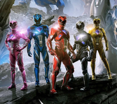 Equipo de Power Rangers: Rojo, Azul, Rosa, Negro y Amarillo Héroes Unen Fuerzas