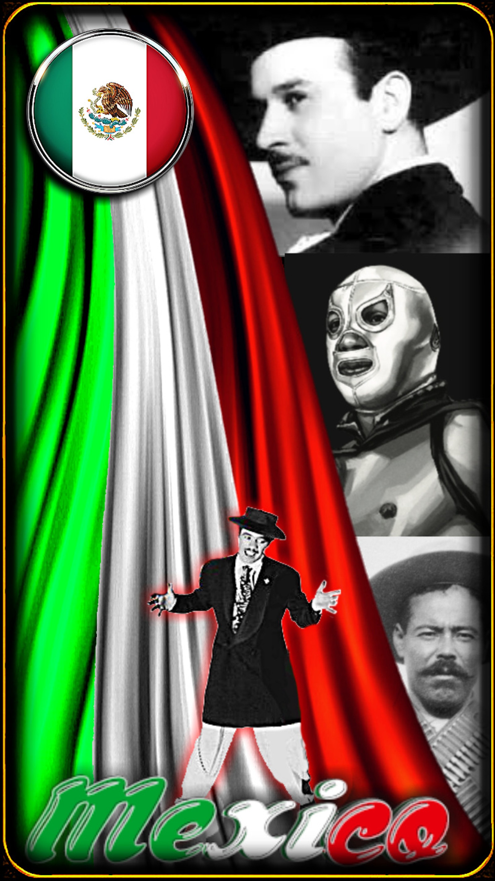 Close de um pôster com um homem de terno e uma bandeira mexicana (méxico, personagens)