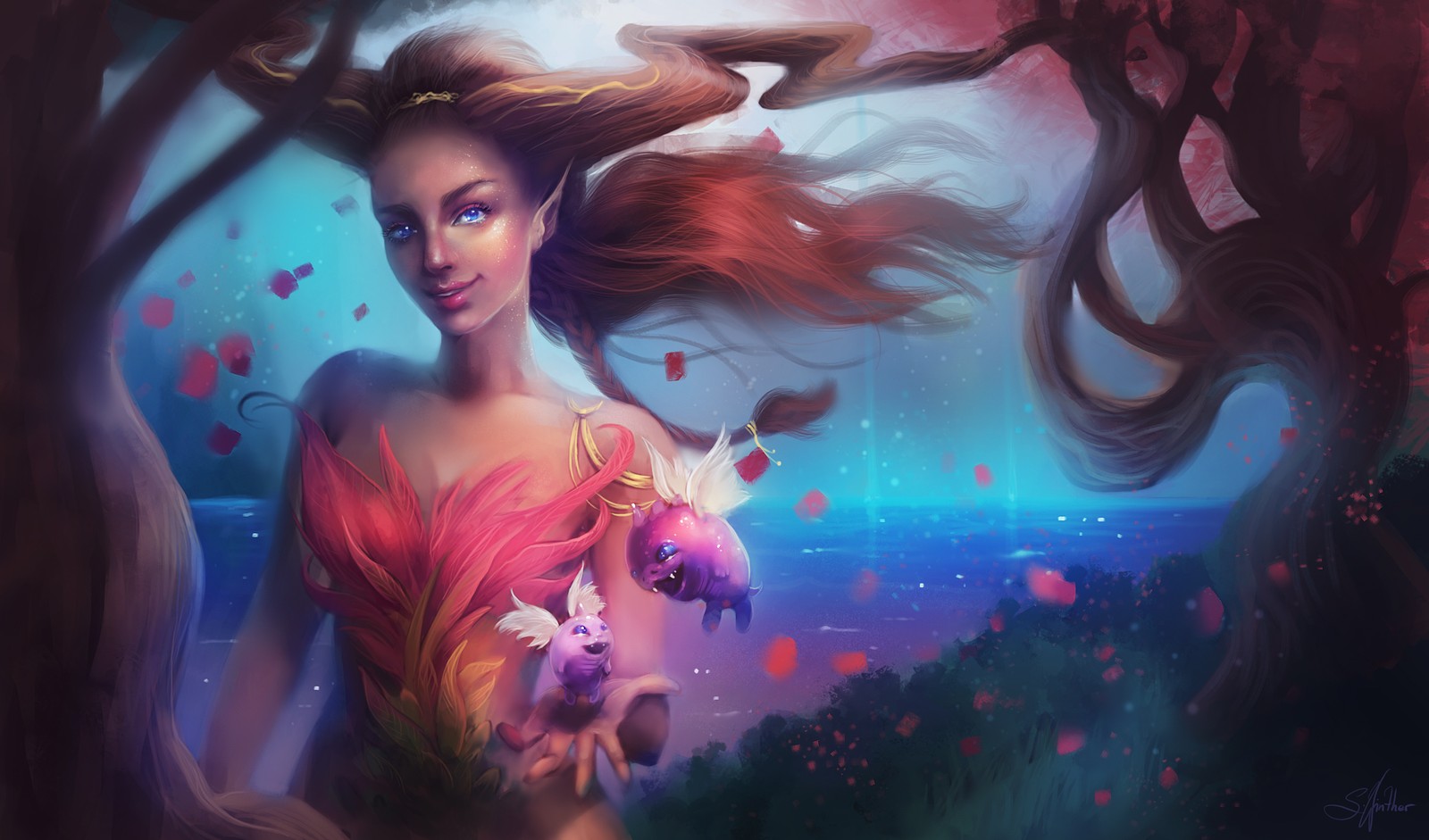 A woman with long hair holding a pony in a forest (illustration, digital art, graphics, fantasy, art)