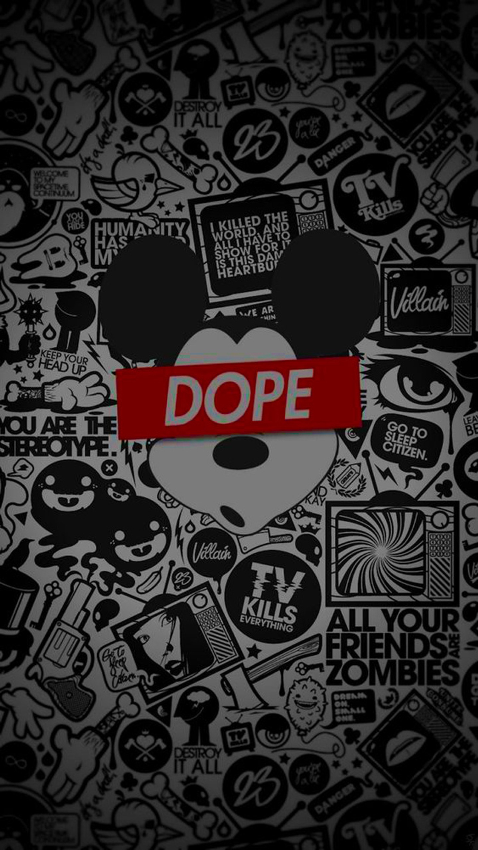 A close up of a mickey mouse head surrounded by many different stickers (black, cartoon, dope, mickey, mouse)