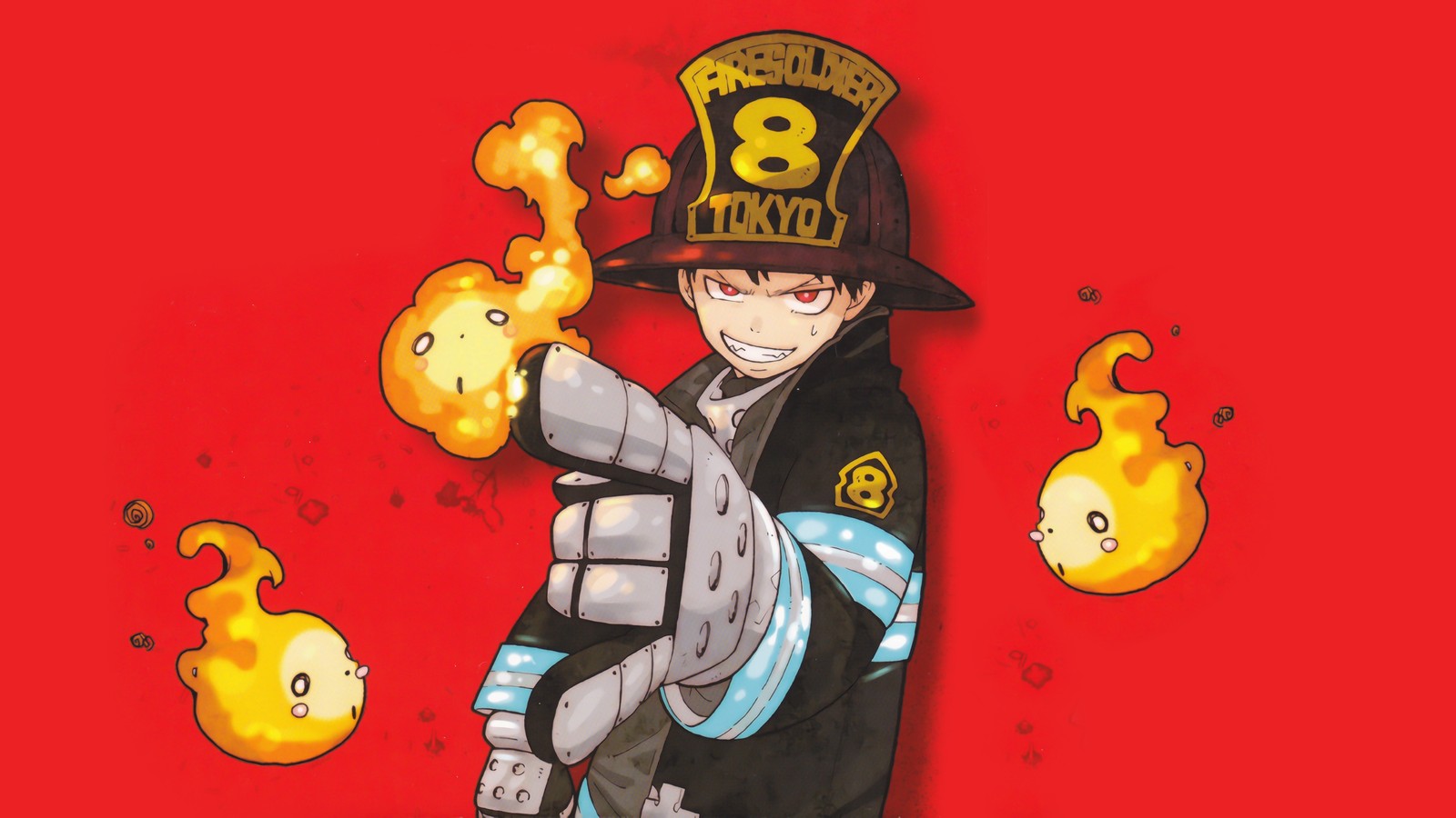 Мультипликационный пожарный с шляпой и перчатками, держащий огонь (fire force, аниме, anime, огненная бригада, enen no shouboutai)