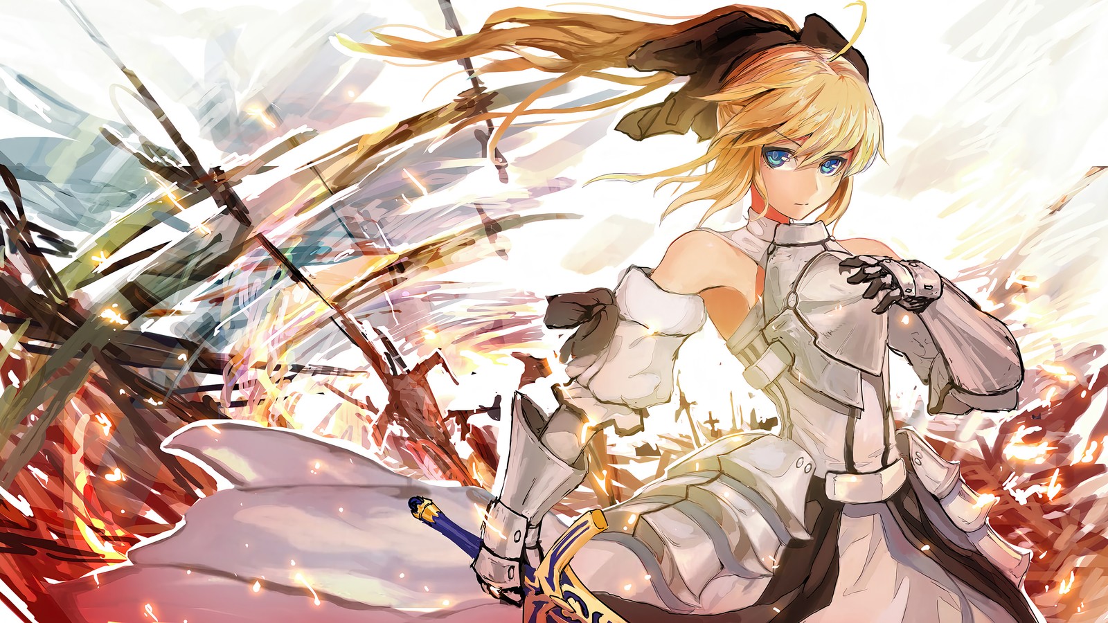 Une femme en robe blanche tenant une épée devant un feu (lily saber, saber lily, sabre, série fate, anime)