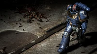 Fierce Space Marine Advances Through a Battle-Worn Battlefield