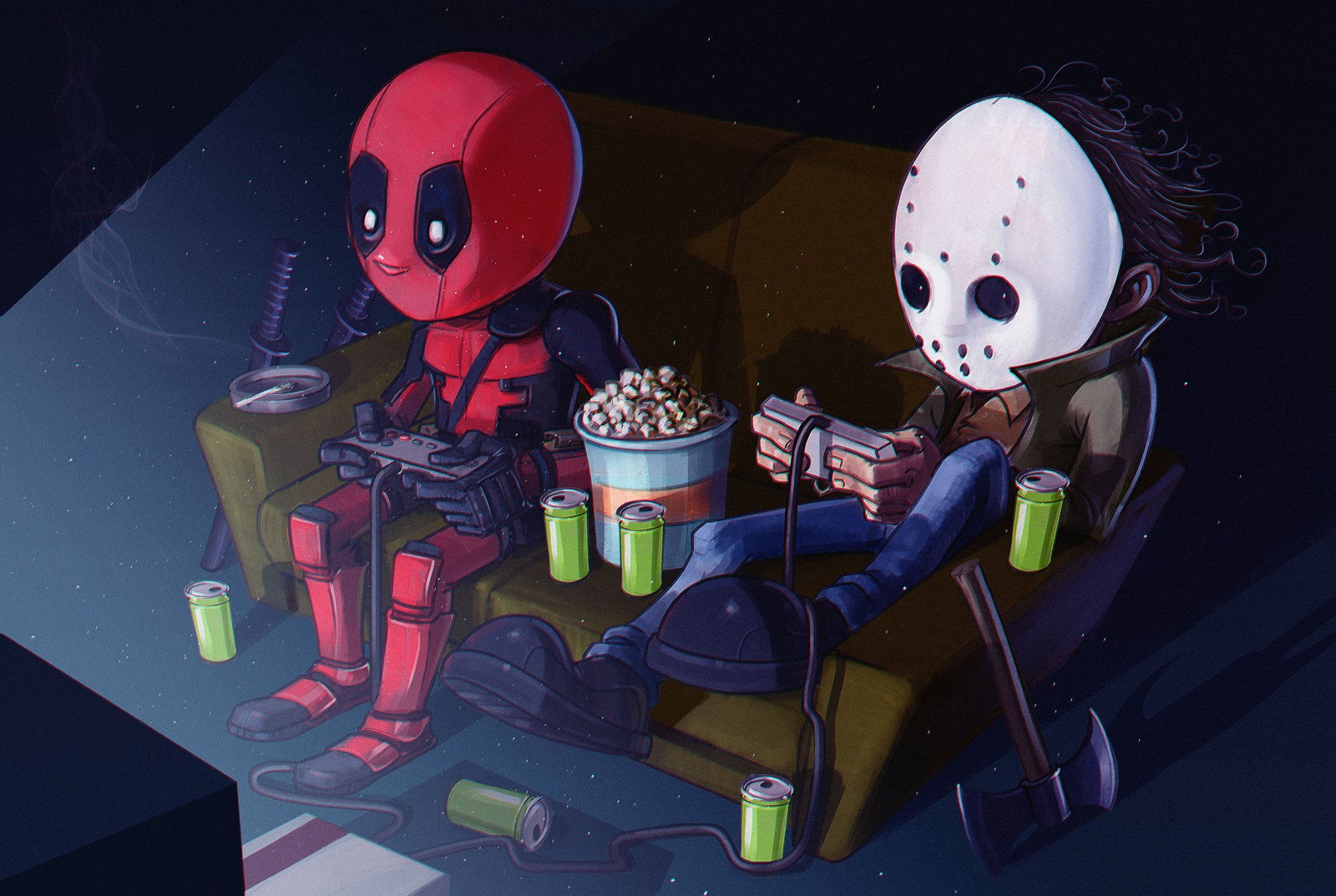 Deadpool y una persona sentados en un sofá con palomitas de maíz (caricatura, ilustración, animación, arte, espacio)