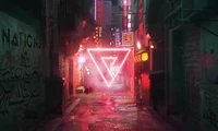 Neon-Dreieck in einer Cyberpunk-Gasse: Ein Blick in eine futuristische Nachtlandschaft