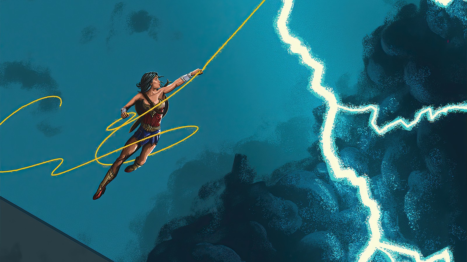 A close up of a person on a rope in the air (woman woman 1984, movie, 2020, wonder woman, poster)