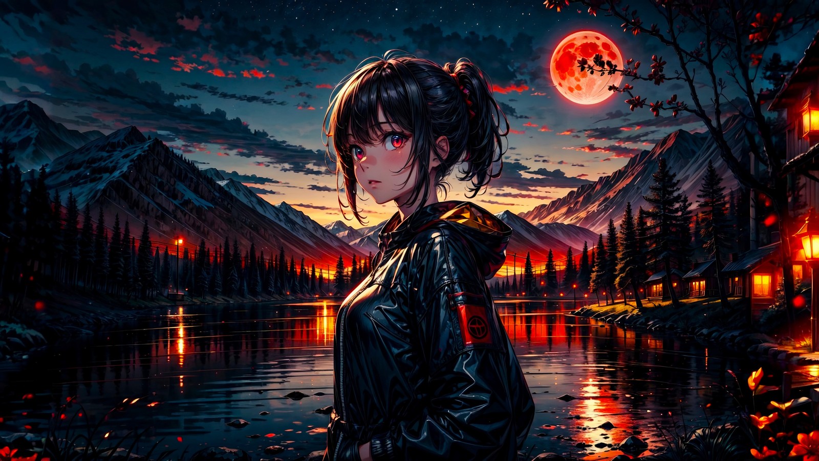 anime girls, anime, lake, mountain, night wallpaper