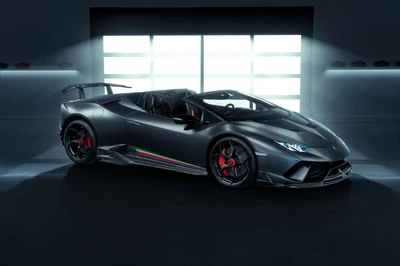 2020 Lamborghini Huracan Performante Spyder Vicenza Edizione en un elegante y moderno salón de exhibición.