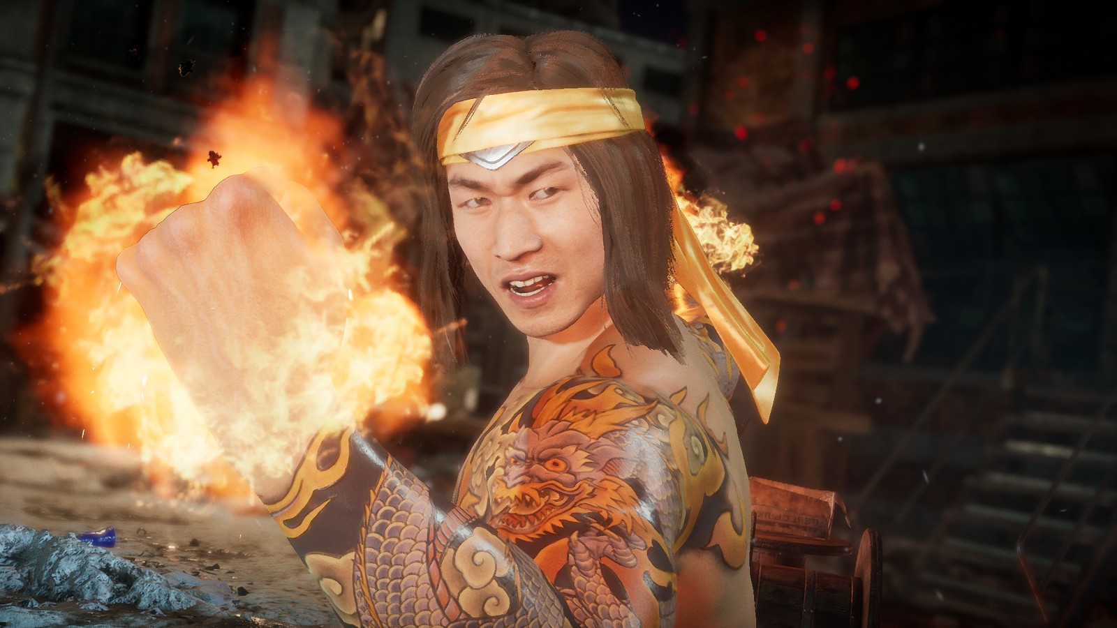 A man with a tattoo on his arm holding a fire ball (liu kang, mortal kombat 11, video game)