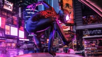 Miles Morales swings through a vibrant, neon-lit cityscape, embodying the essence of Spider-Man against a backdrop of colorful billboards and towering buildings at night.