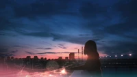 Silhouette d'une fille anime contre un paysage urbain au coucher du soleil