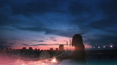 Silhouette of an Anime Girl Against a Sunset Cityscape