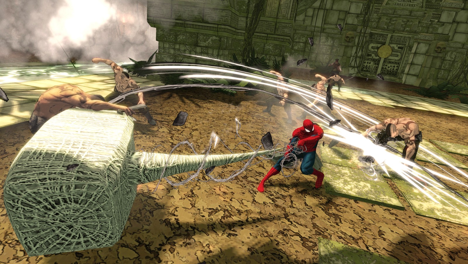 Un gros plan de spider-man combattant un énorme marteau. (spider man, xbox 360, wii, pc game, personnage fictif)