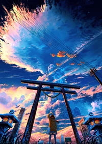 Anime-Mädchen unter einem Torii-Tor vor einem atemberaubenden Himmel