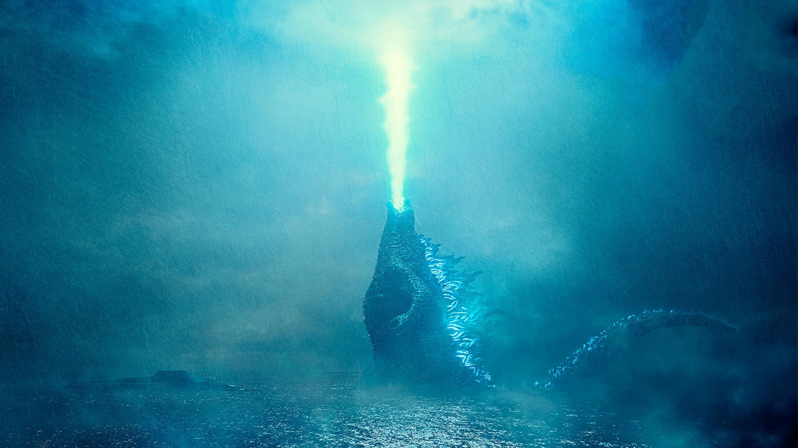 Godzilla erhebt sich aus dem ozean in einem nebligen himmel (godzilla king of the monsters, film)