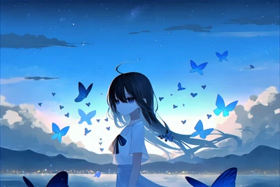 Chica de anime solitaria rodeada de mariposas azules en un paisaje surrealista