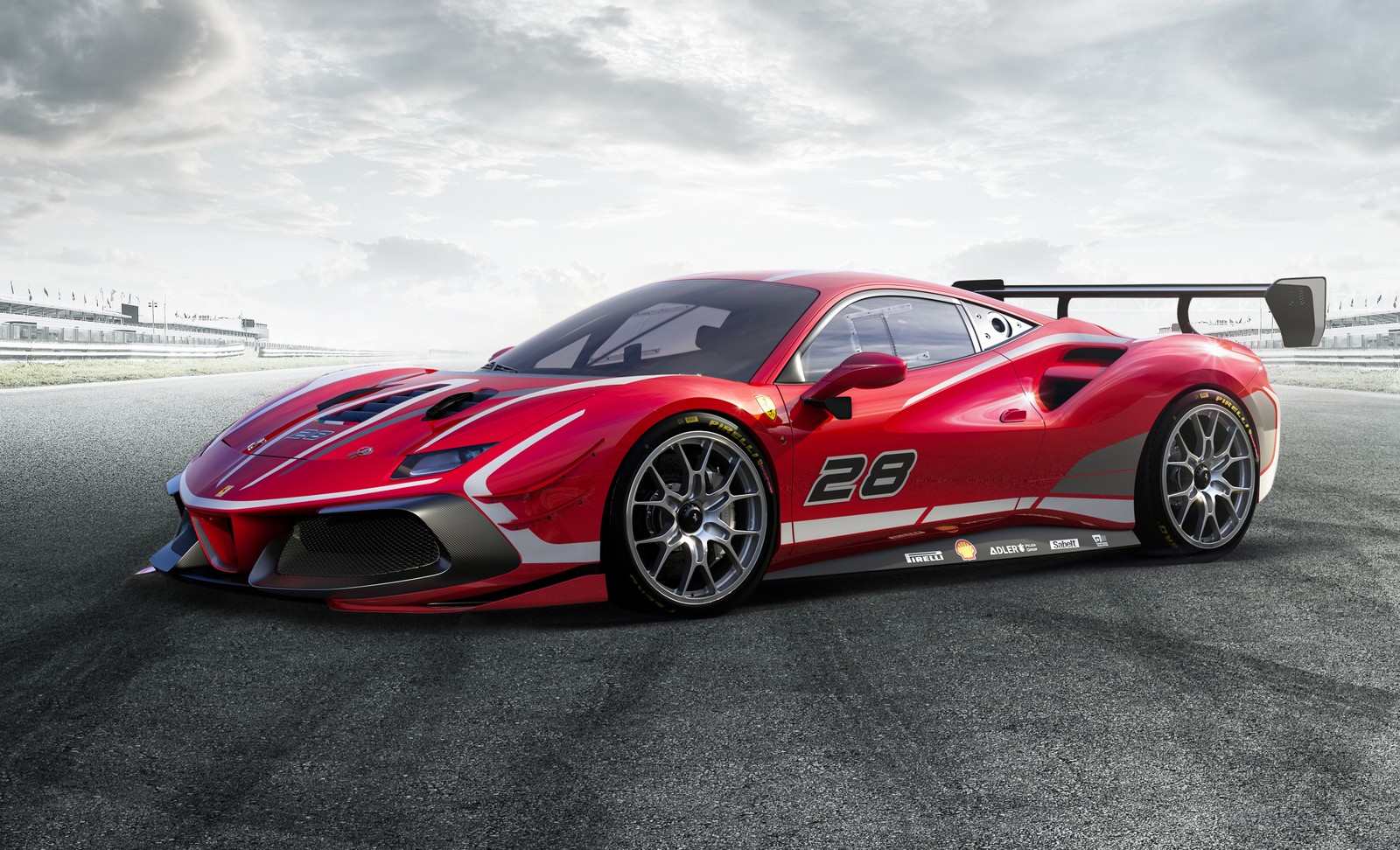 A red sports car driving on a track with a cloudy sky (ferrari 488 challenge evo, 5k, 2020, cars, 4k wallpaper)