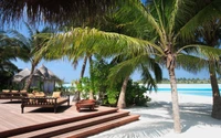 Resort tropical frente a la playa con palmeras y una terraza de madera con vista al mar turquesa.