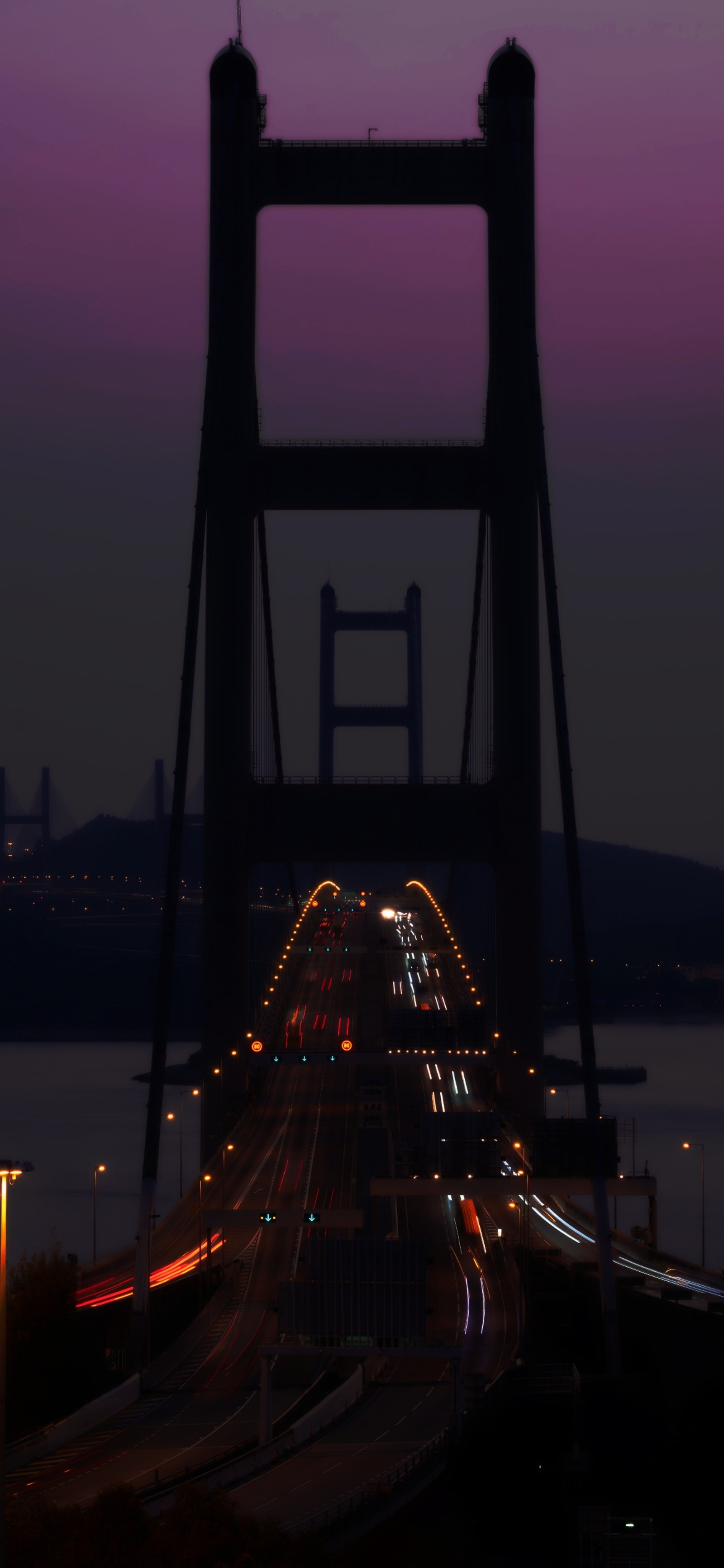 Una vista de un puente con coches pasando por la noche (hito, agua, infraestructura, crepúsculo, puente)