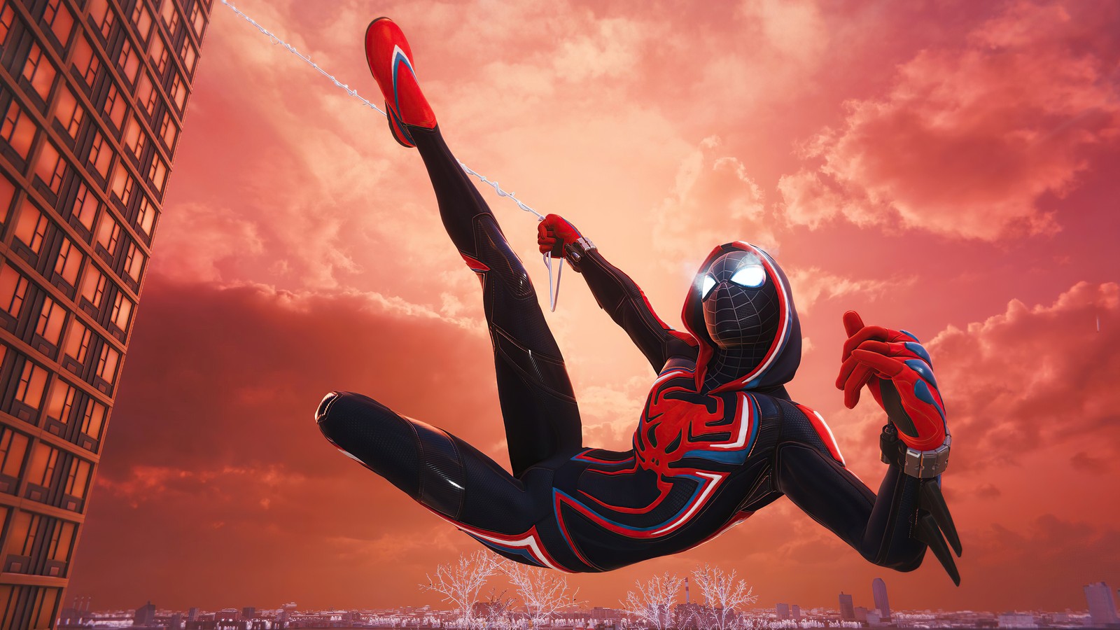 Spider-man en un costume vole dans les airs (marvels spider man miles morales, playstation 4, playstation 5, spiderman, jeux)