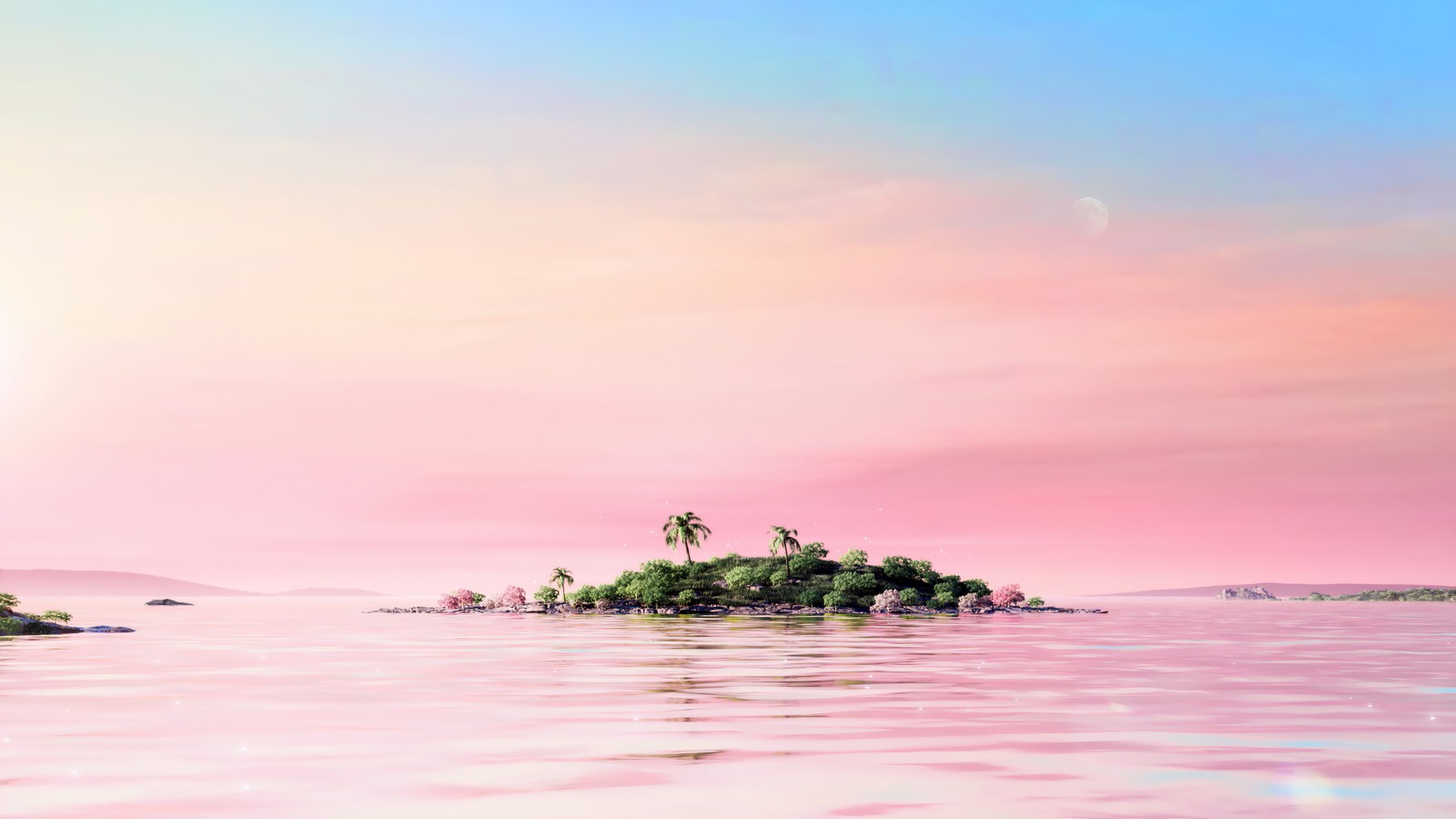 Arafed island with palm trees and a pink sky (tropical, island, aesthetic, pink aesthetic, palm trees)