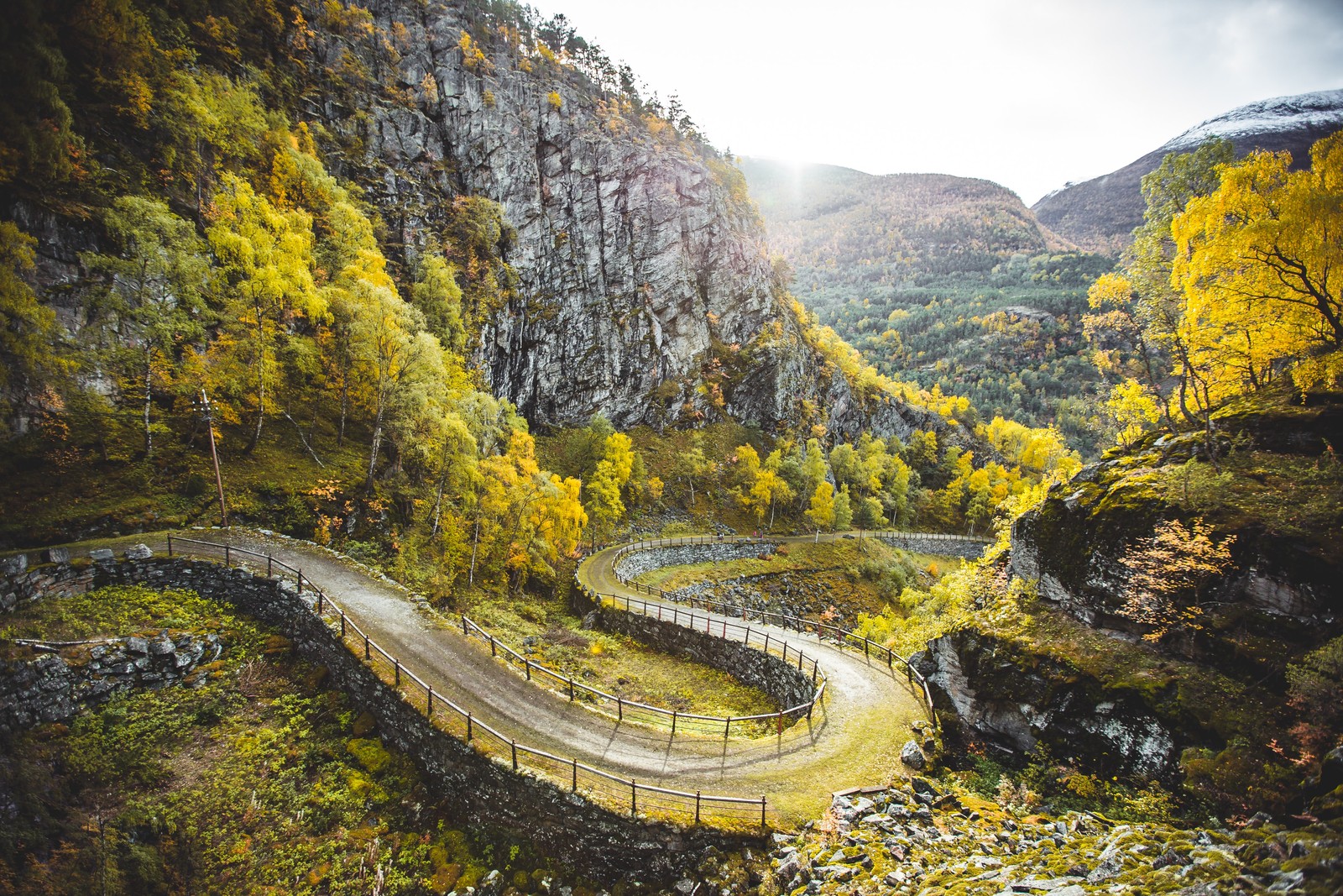 A winding road in the mountains with trees and rocks (filefjell kongevegen, norway, trails, dirt road, greenery)