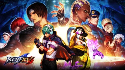 Confronto dinâmico de personagens icônicos de "The King of Fighters XV" em um fundo eletrizante.