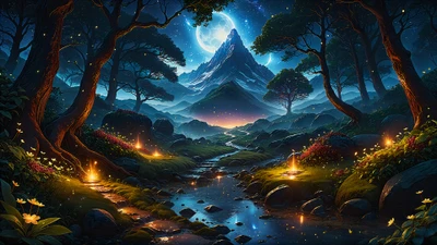 forest, river, mountain, moon, scenery