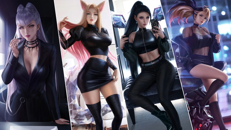 Группа из четырех фотографий женщины в костюмах кошек (league of legends, lol, видеоигра, kda, самый плохой)