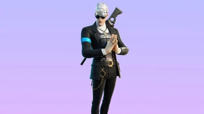 Stylischer Fortnite-Charakter mit Waffe in formeller Kleidung