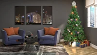 Cozy living room with a beautifully decorated Christmas tree, two inviting sofas, and a view of a city skyline at night, creating a festive holiday atmosphere.