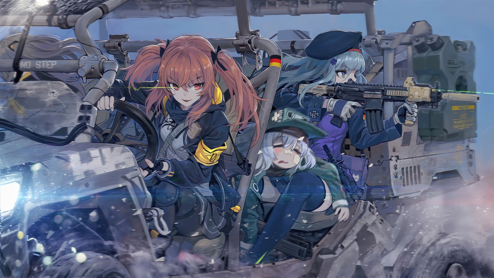 Filles d'anime en tenue militaire voyageant dans un véhicule (anime, girls frontline, jeu vidéo, filles danime, g11)