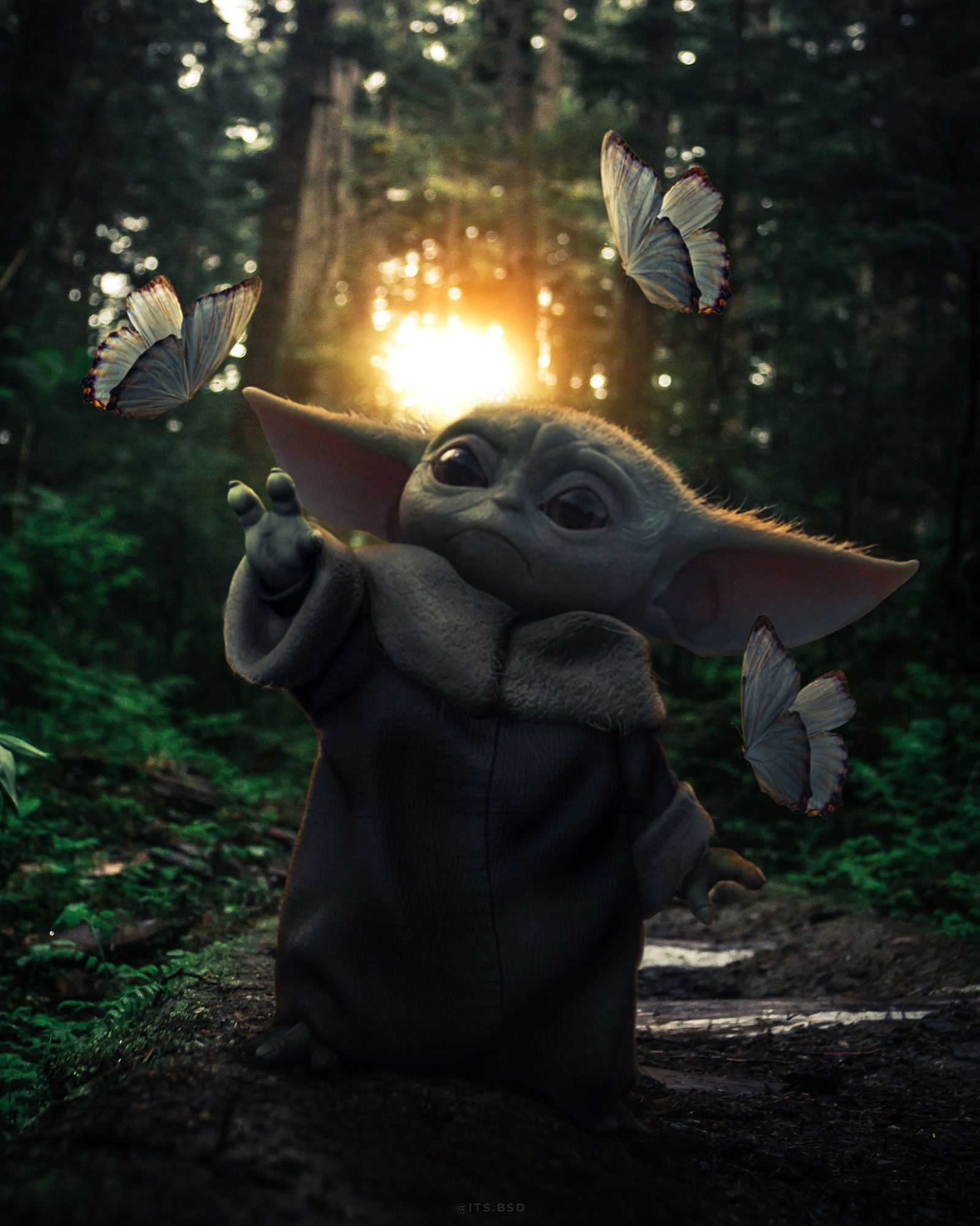 El bebé yoda está mirando mariposas en el aire (bebé yoda, baby yoda, mandaloriano, star wars, yoda)