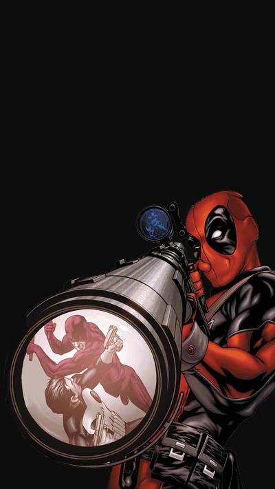 Deadpool vise avec un fusil de sniper, scène de bande dessinée