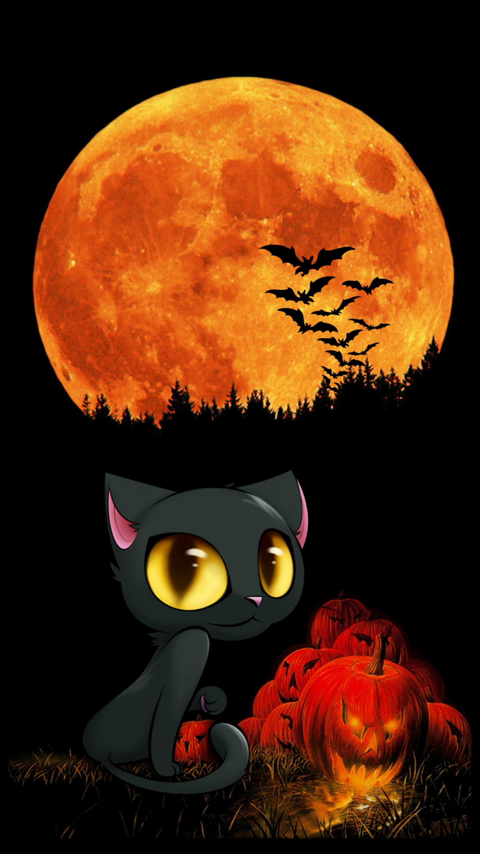 Il y a un chat noir assis devant une pleine lune (chat, sombre, halloween, heureux, vacances)