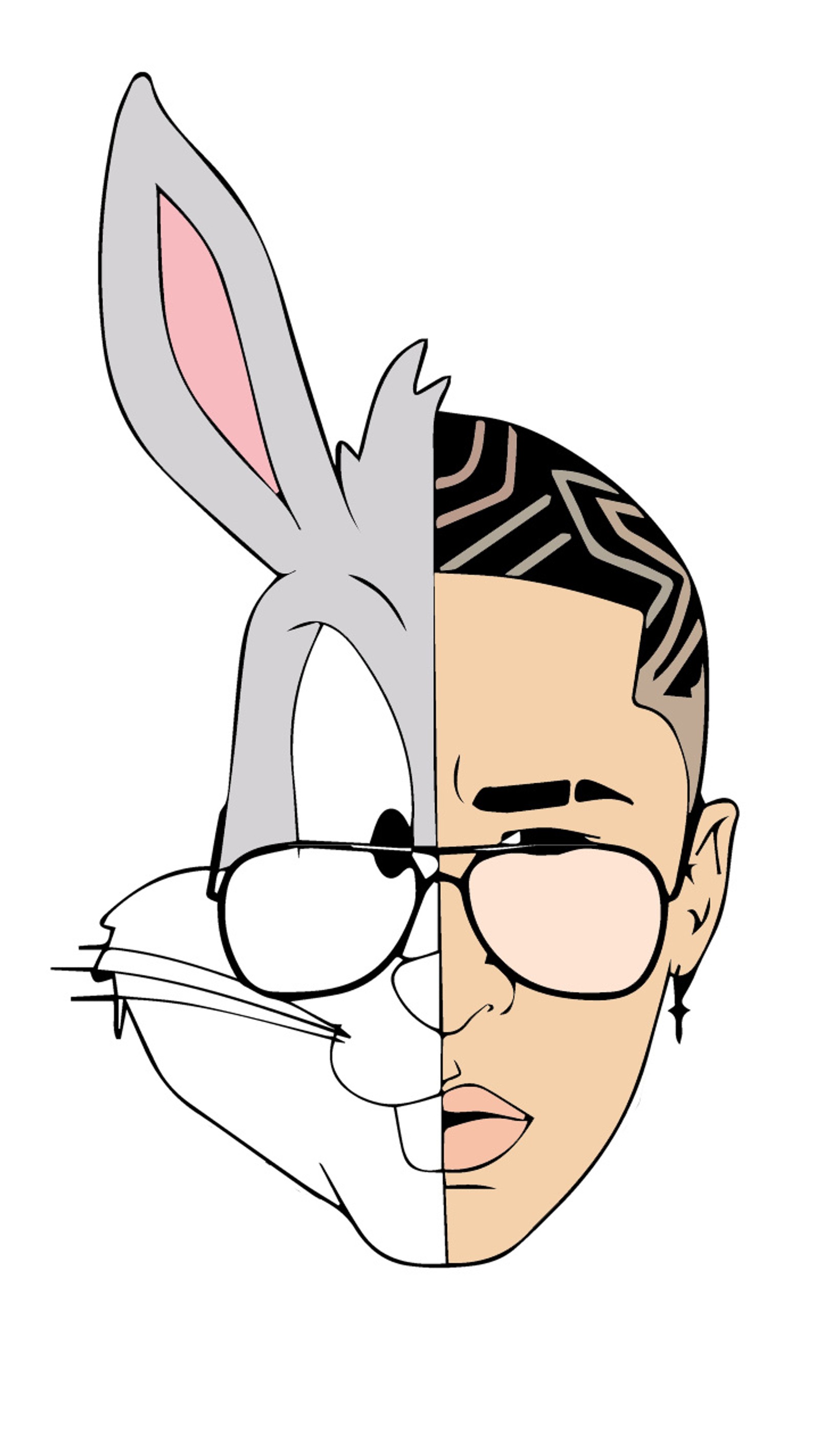 Dibujo animado de un hombre con cabeza de conejo y cara de hombre (bad bunny, conejito, conejo)