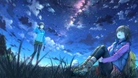 anime, girls, night, sky, scenery