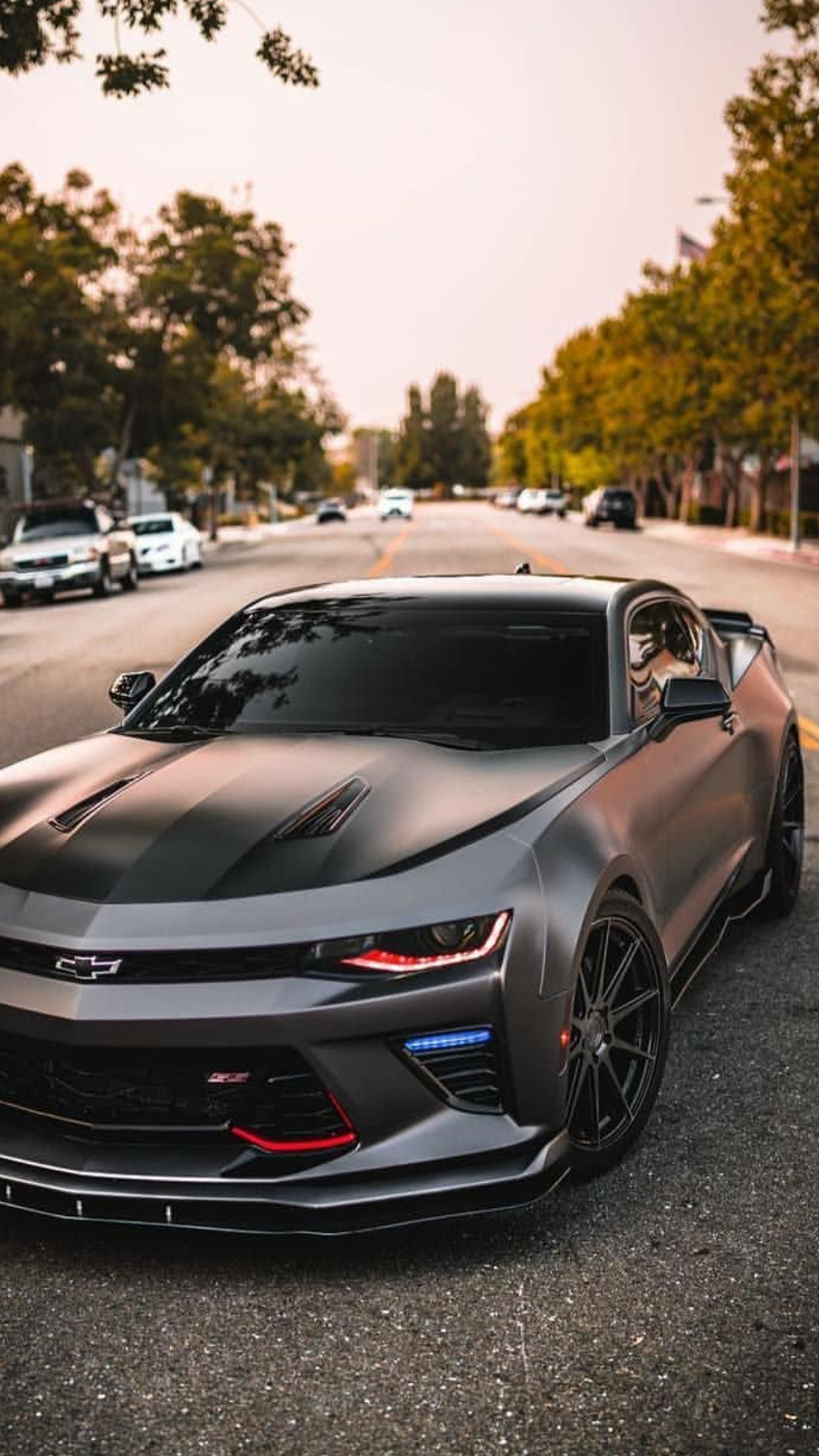 A close up of a car parked on a street near a tree (chevrolet, camaro, black, car, hypercar)