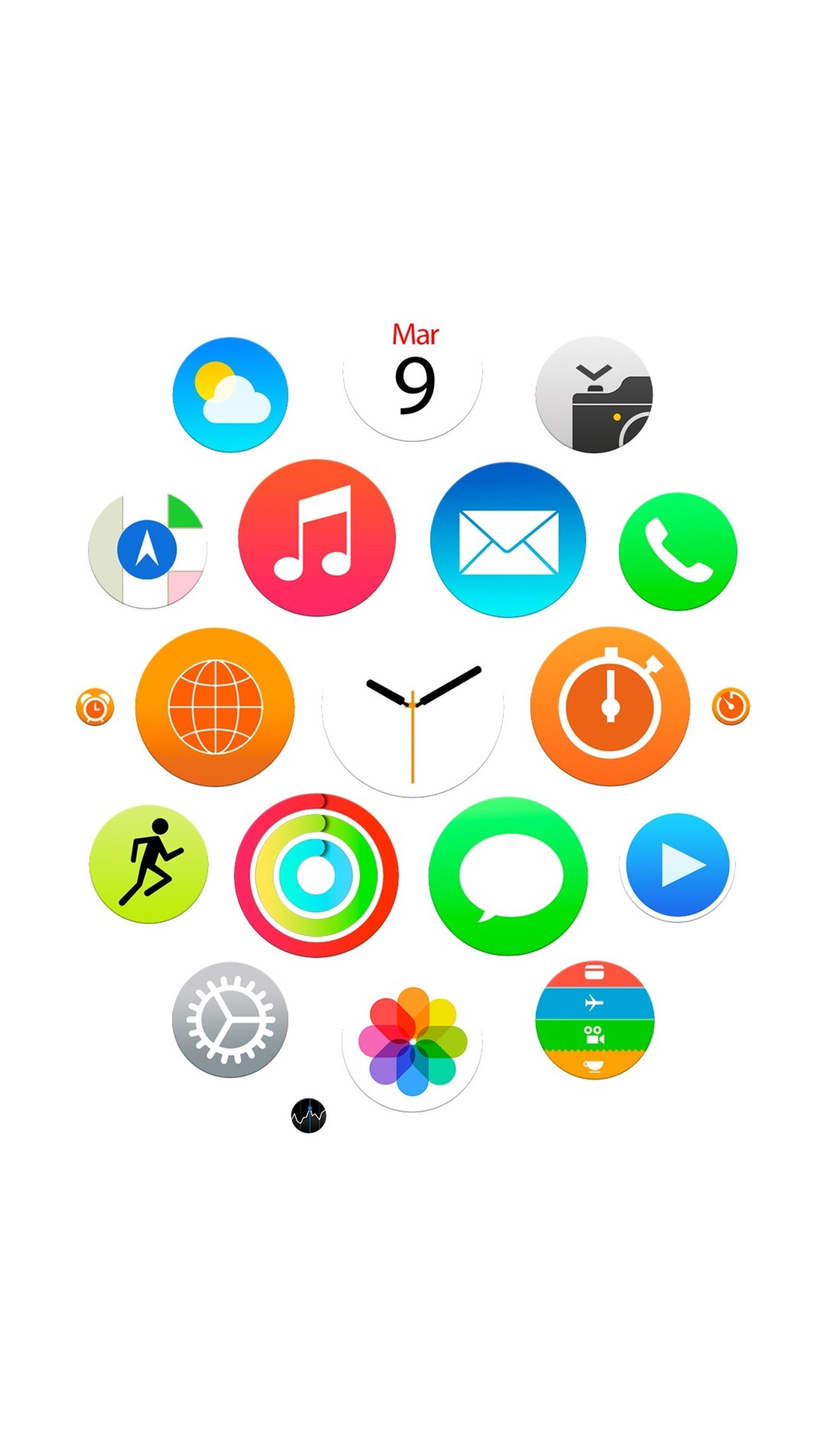 Un primer plano de un reloj con varios íconos (iphone6, iwatch, blanco)