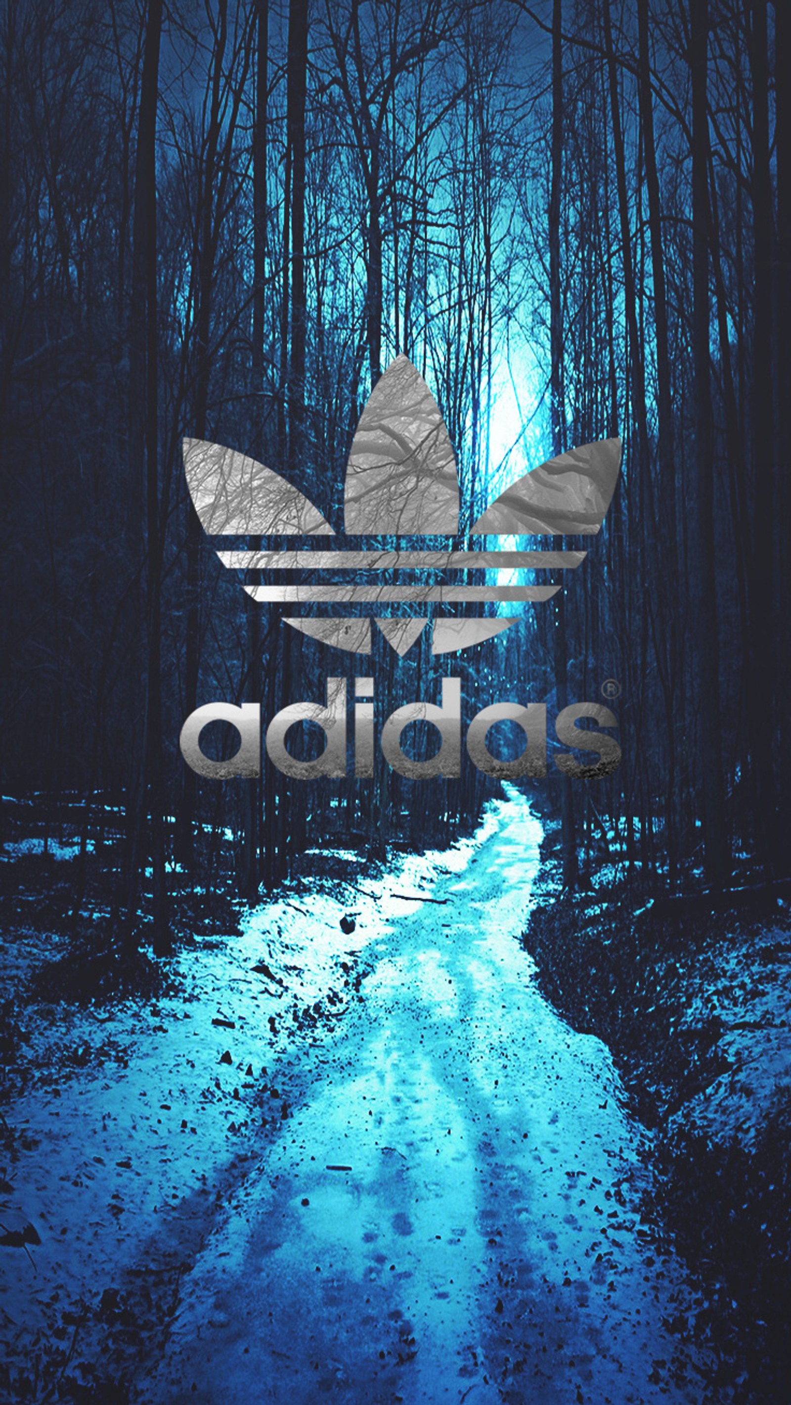 Logotipo da adidas em um fundo azul com uma floresta ao fundo (natureza)