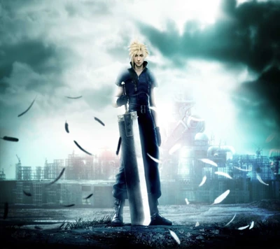 Cloud Strife standing resolutely with his iconic Buster Sword in a dystopian landscape.