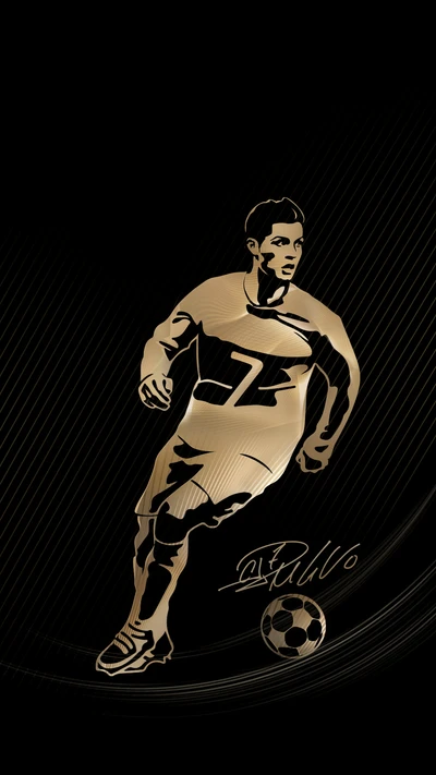 Cristiano Ronaldo in Aktion, illustriert in einer dynamischen goldenen Silhouette vor einem eleganten schwarzen Hintergrund.