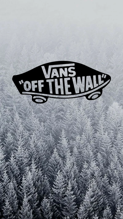 Logo Vans "Off the Wall" sur fond de forêt enneigée