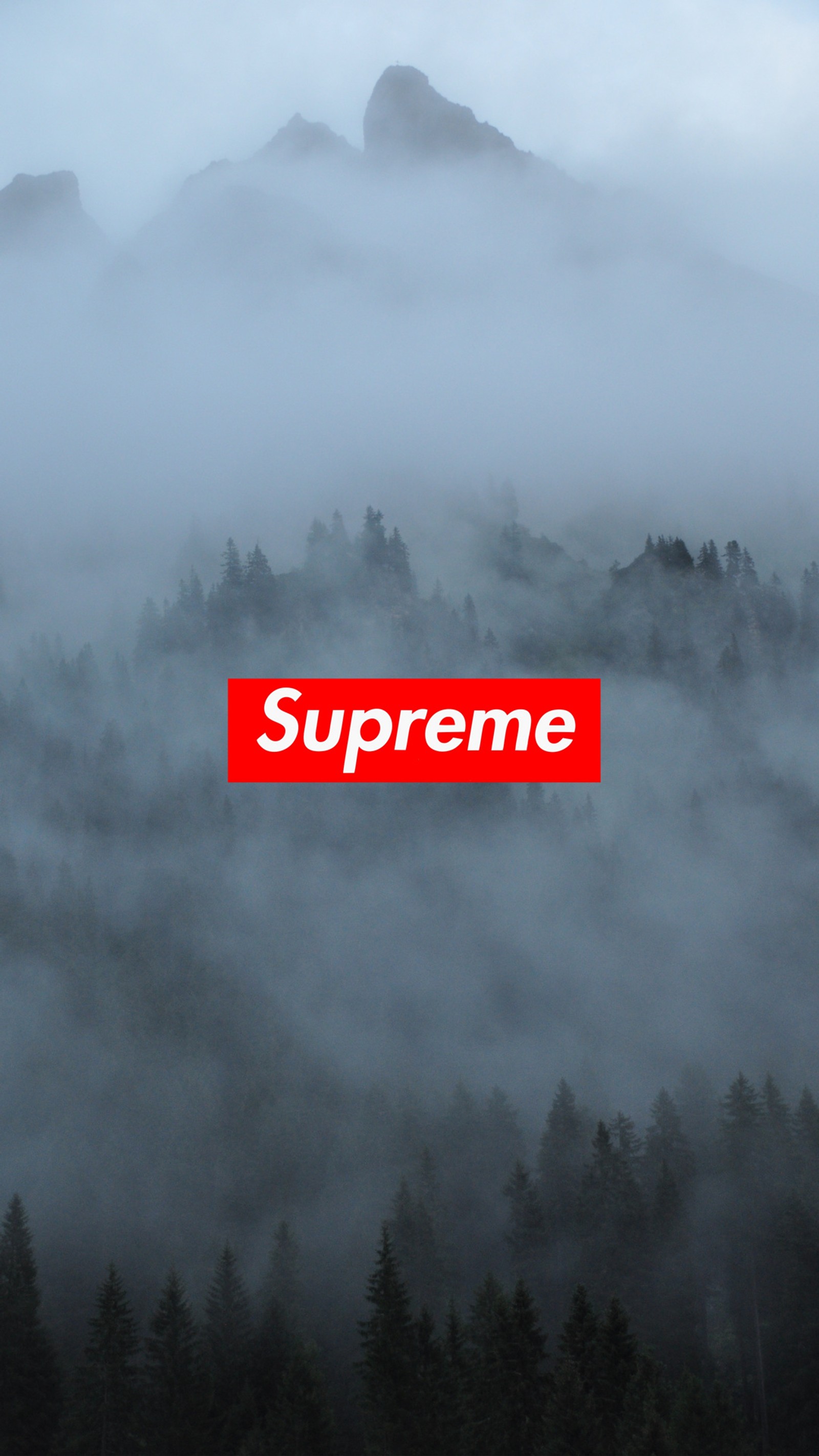 Logotipo supreme em uma montanha nevoenta com árvores ao fundo (incrível, supreme)