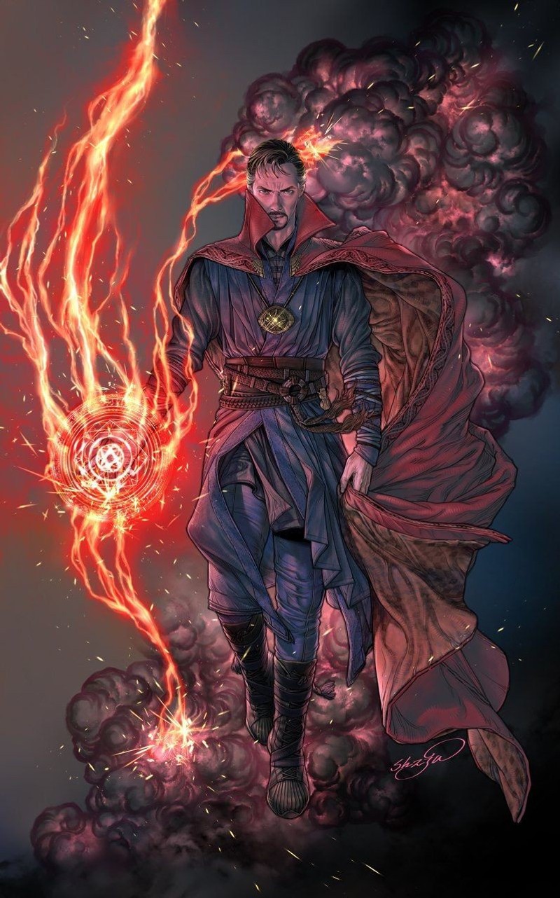 Мужчина в плаще и капюшоне стоит перед огнем (drstrange, drstrange3dwallpaper, обои доктора стрэнджа, обои, супергерои)