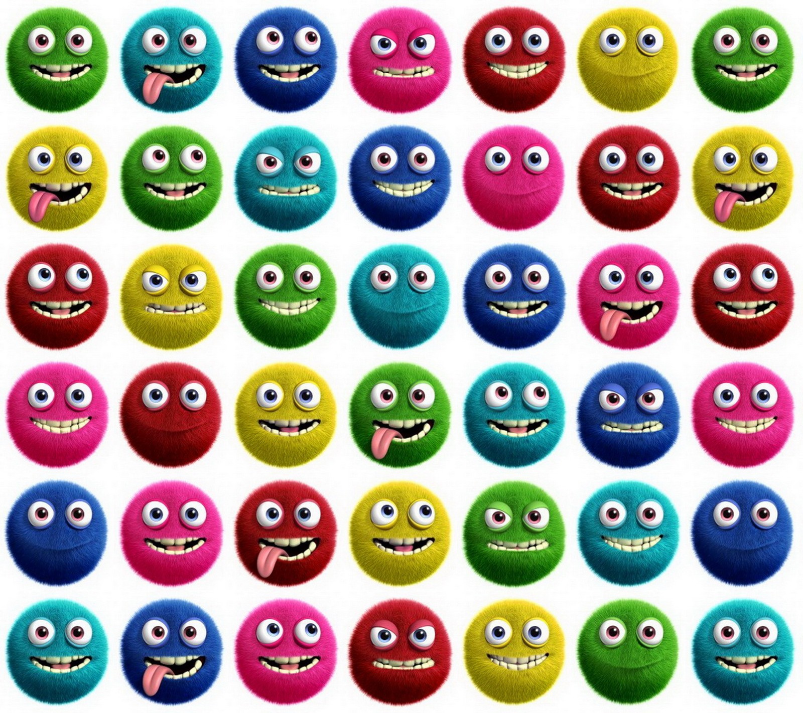 A group of colorful balls with eyes and mouths on them (3d, balls, cute, fluffy, funny)