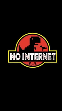 Logotipo de dinossauro pixelado com o texto "Sem Internet", inspirado em temas jurássicos.