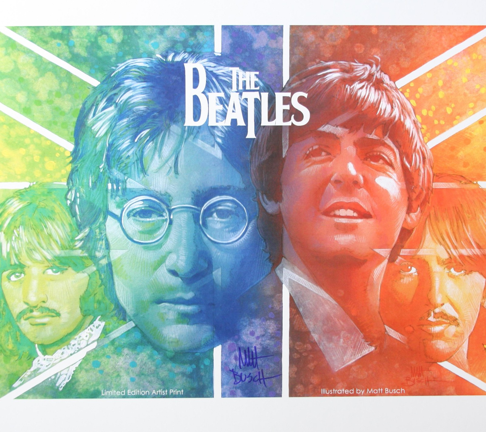 A painting of a group of people with glasses and a rainbow background (beatles, fab four, lennon)