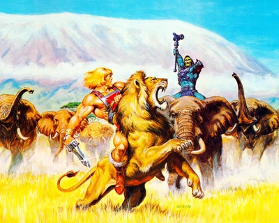 He-Man Battles Skeletor Amidst Elephants and a Roaring Lion